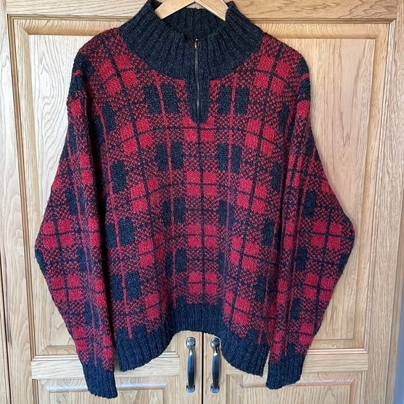 Vintage Red/Black Plaid Wool 1/4 Zip Sweater size medium - Picture 1 of 7